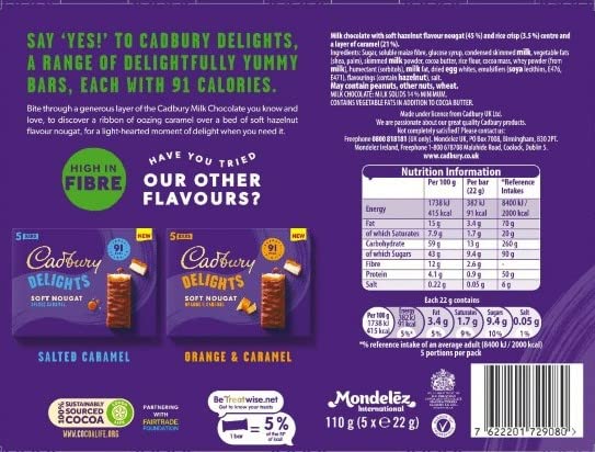 Cadbury - Delights Soft Nougat Hazelnut Flavour & Caramel Bars, Pack of 5