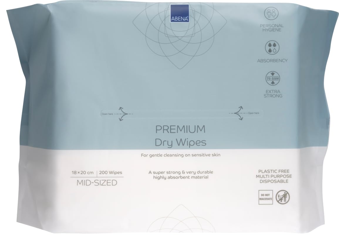 ABENA Premium Dry Wipes - Pack of 200 | 20 x 18cm | Hypoallergenic Cleansing Cloths 1