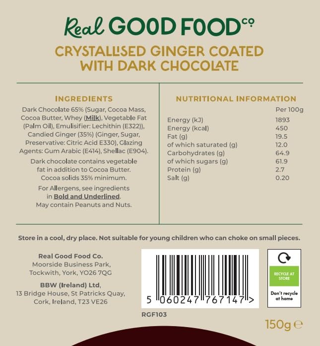Real Good Food Co Dark Chocolate Ginger 150g Bag - Chocolate Coated Ginger Snacks
