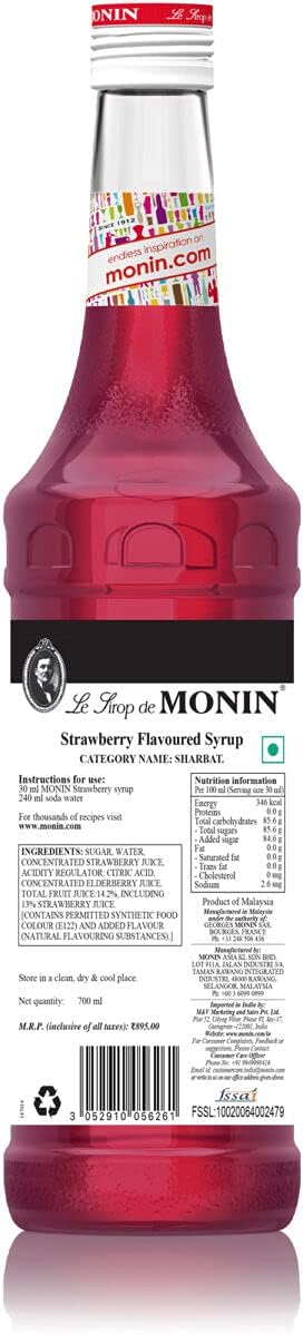 Monin Strawberry Syrup 700 ml - Premium Fruit Syrup for Beverages