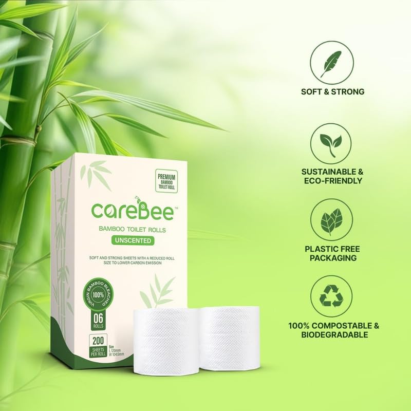 CareBee Bamboo Toilet Rolls - Unscented 3-Ply | 6 Rolls, 1200 Sheets Total 5