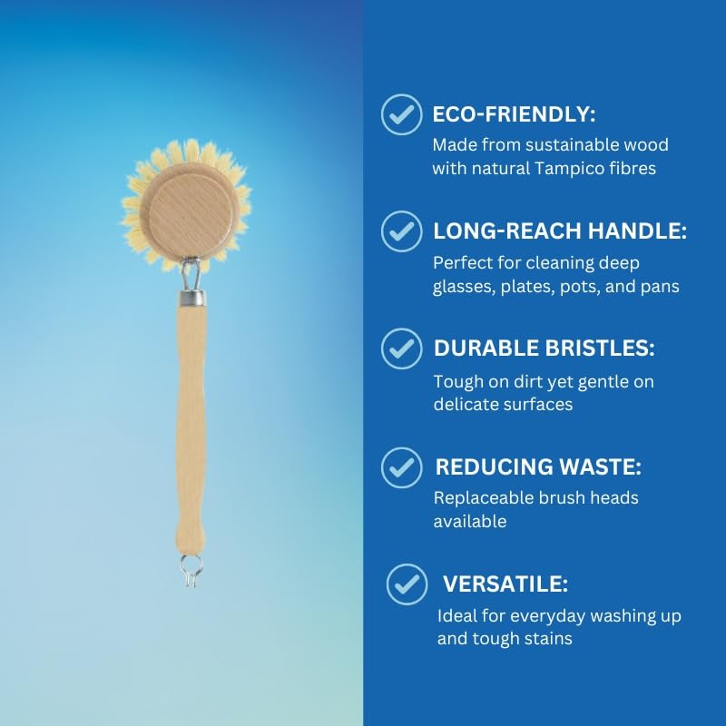 Elliott Wooden Dish Brush with Natural Tampico Fibres - Long Handle, Replaceable Head 8