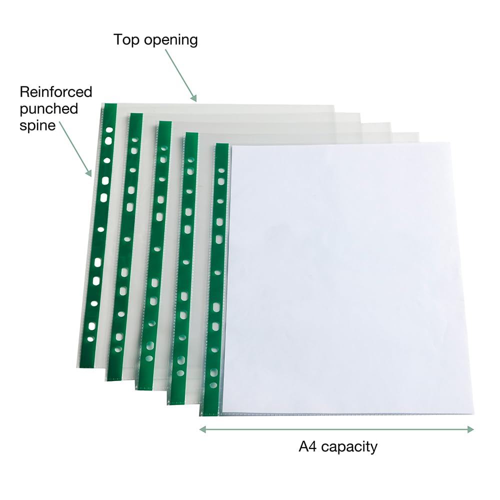 SUMMIT A4 Glass Clear Punched Pockets - Pack of 100 | Tear-Resistant Polypropylene | Universal Multi-Punch 3