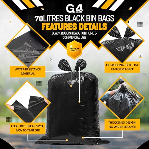 G4GADGET 70L Black Bin Bags (50 Bags) – Heavy-Duty Refuse Sacks for Home & Commercial Use