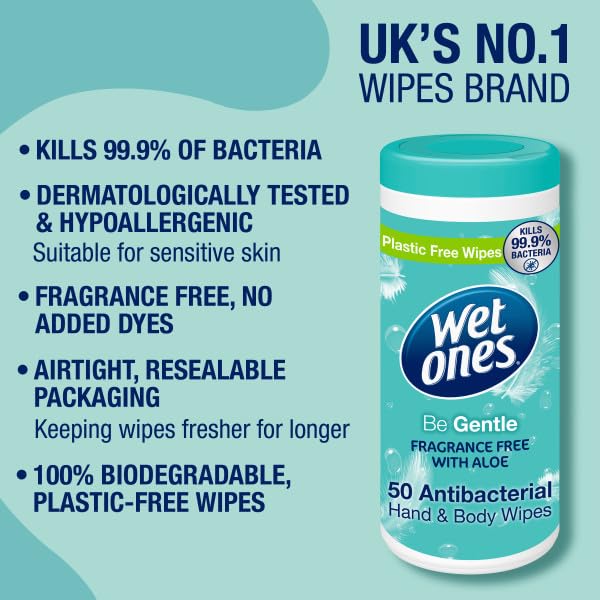 Wet Ones Be Gentle Antibacterial Moist Wipes | 200 Count Canister | Plastic-Free & Biodegradable