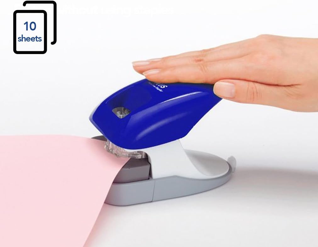 PLUS Japan, Staple-Free Stapler Desktop Model Blue, 10 sheet capacity, 1 piece pack (1 x 1 Stapler)