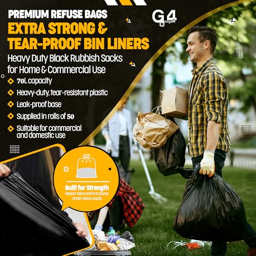 G4GADGET 70L Black Bin Bags (50 Bags) – Heavy-Duty Refuse Sacks for Home & Commercial Use
