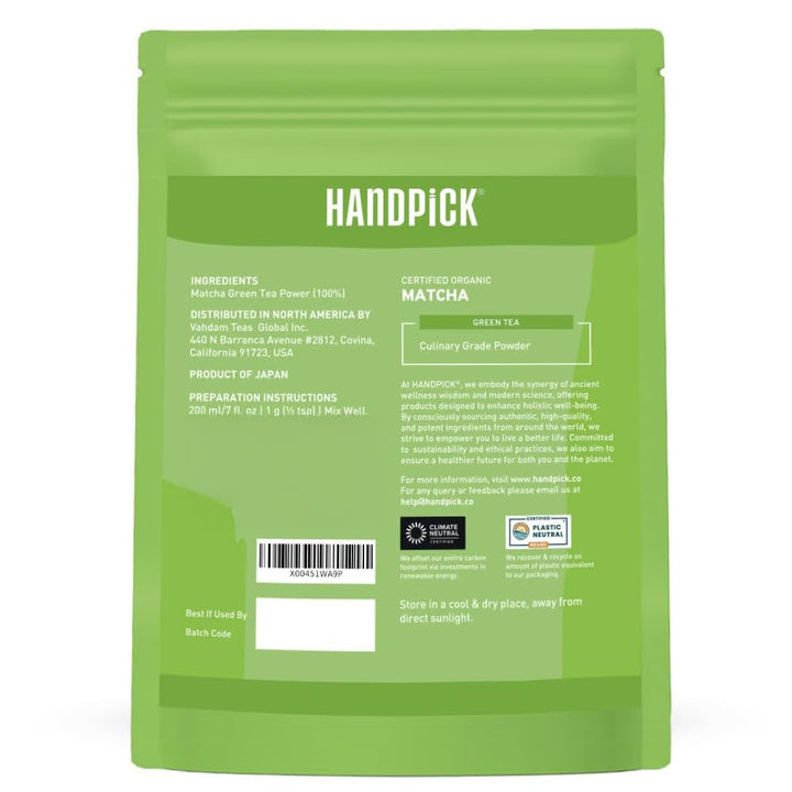 HANDPICK Japanese Matcha Green Tea Powder (100g) - Culinary Grade, Non-GMO, Resealable Packaging