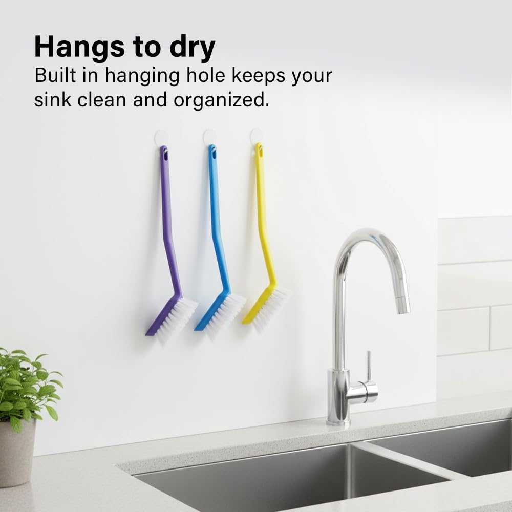 Vivo Technologies - Washing Up Brushes Pack of 3 | Non-Slip Grip with Built-In Scraper for Kitchen Cleaning