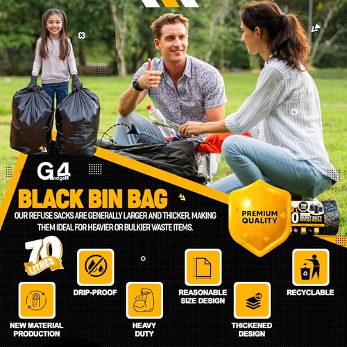 G4GADGET 70L Black Bin Bags (50 Bags) – Heavy-Duty Refuse Sacks for Home & Commercial Use