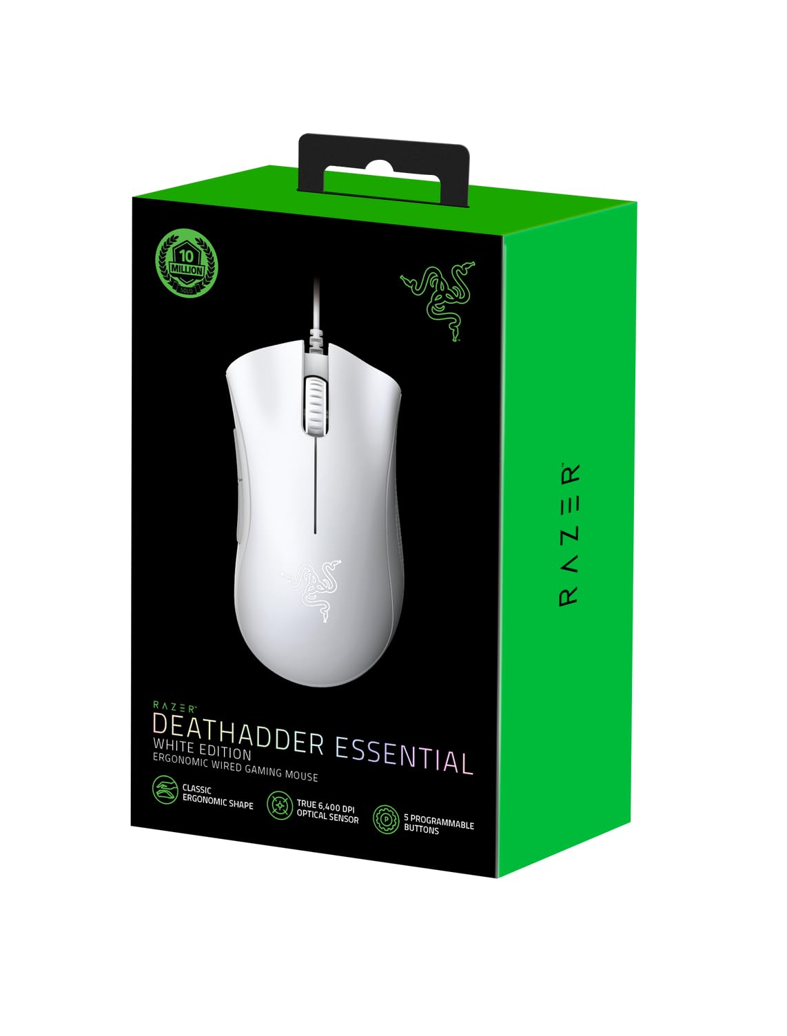 Razer DeathAdder Essential (2021) - Wired Gaming Mouse (Optical Sensor, 6400 DPI, 5 Programmable Buttons, Ergonomic Form Factor) White 3