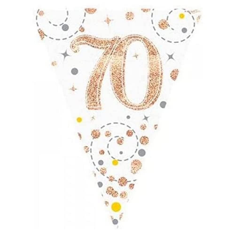 OakTree Party Bunting Sparkling Fizz 70 - White & Rose Gold Holographic, 11 Flags, 3.9m Length 1