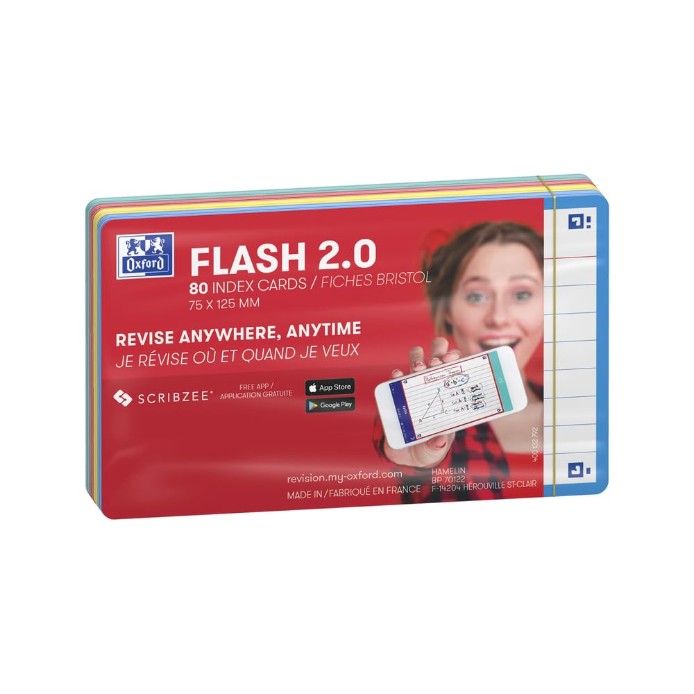 Oxford Revision Flash Cards - Ruled, Assorted Colours, 7.5 x 12.5 cm | Pack of 80 2
