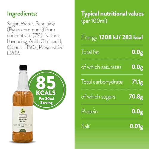 Simply - Spiced Pear Winter Warmer Syrup, Vegan & Nut Free Flavoured Beverage Syrup