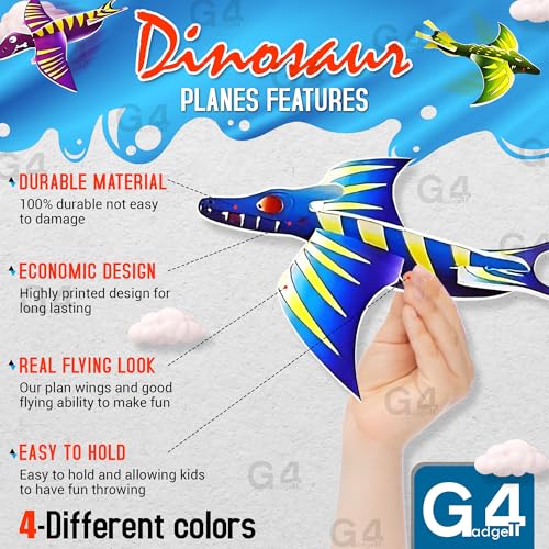 G4GADGET Dinosaur Flying Glider Planes - Pack of 12, Lightweight Foam Gliders for Kids 3+