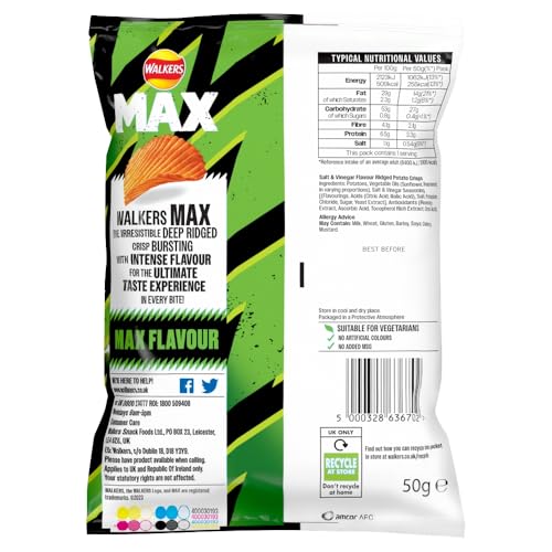 Walkers Max Salt & Malt Vinegar Crisps 50g (Pack of 24)
