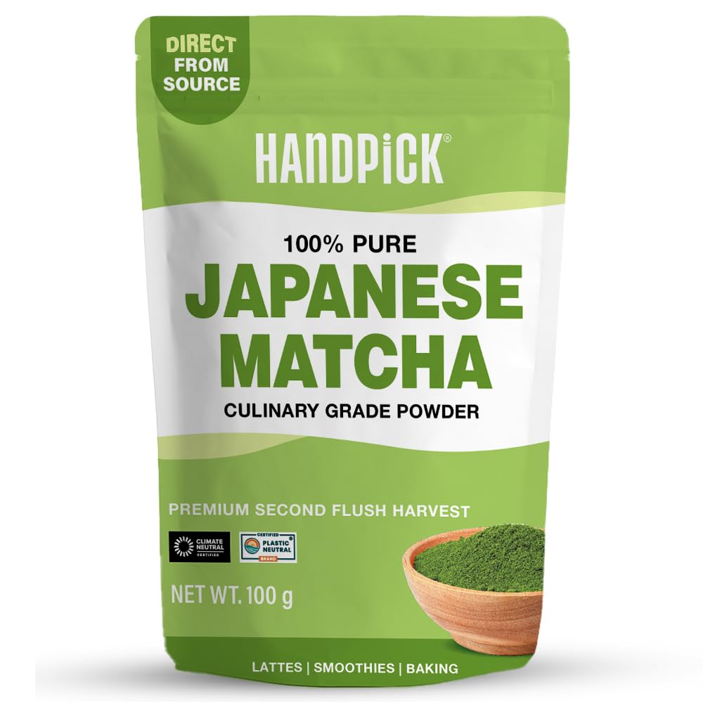 HANDPICK Japanisches Matcha-Grünteepulver (100 g) – kulinarische Qualität, gentechnikfrei, wiederverschließbare Verpackung