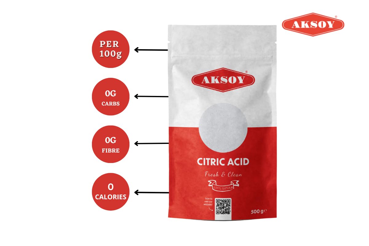 AKSOY Food Grade Citric Acid - 500g Anhydrous Granules | Non-GMO De-Scaler 8