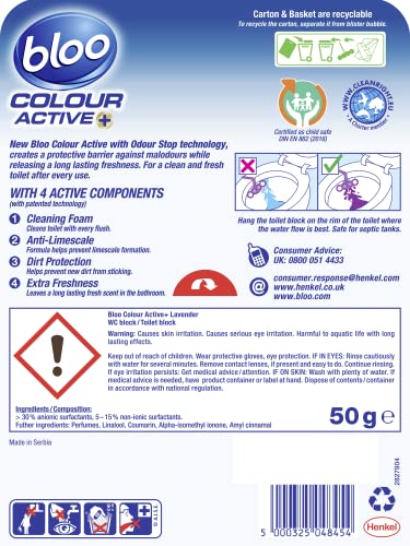 Bloo Colour Active+ Lavender Toilet Rim Block (50g) - Anti-Limescale, Long-Lasting Freshness with Every Flush