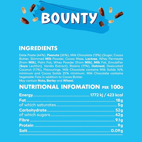Bounty Triple Treat Fruit & Nut Chocolate Bars, Milk Chocolate Snacks with Dates, Raisins & Peanuts, 18-Pack