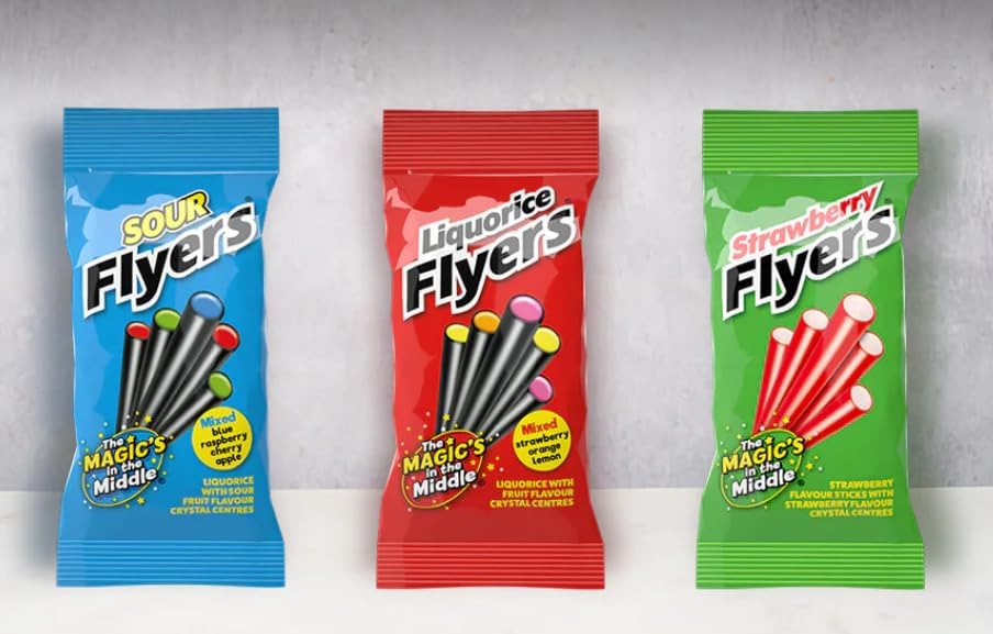 Flyers Liquorice Candy Sticks - 7 Pack x 12, Strawberry Orange Lemon Chewy Licorice Sweets with Fruit Crystal Centre 2
