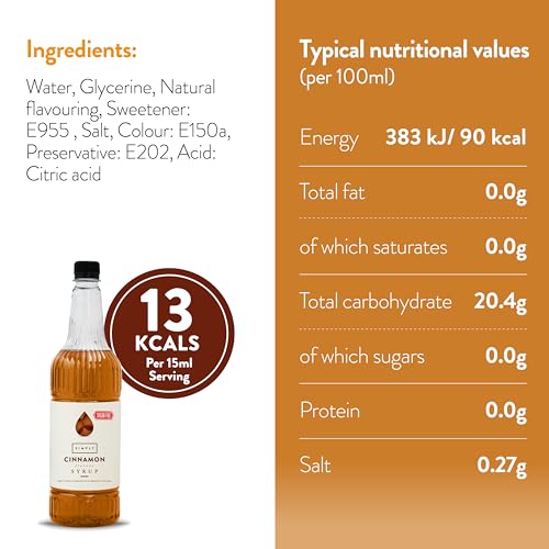 Simply - Sugar Free Cinnamon Syrup, Low Calorie Vegan & Nut Free Flavoured Syrup for Coffee, Cocktails & Baking (1 Litre)