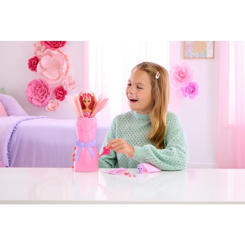 Barbie Petal Pop Scented Doll with Rose Dress & Accessories, Bouquet Reveal | Model JMF59 7