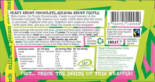 Tony's Chocolonely Milk Pecan Caramel Crunch Chocolate Bar - 180g, Fairtrade Belgian Chocolate