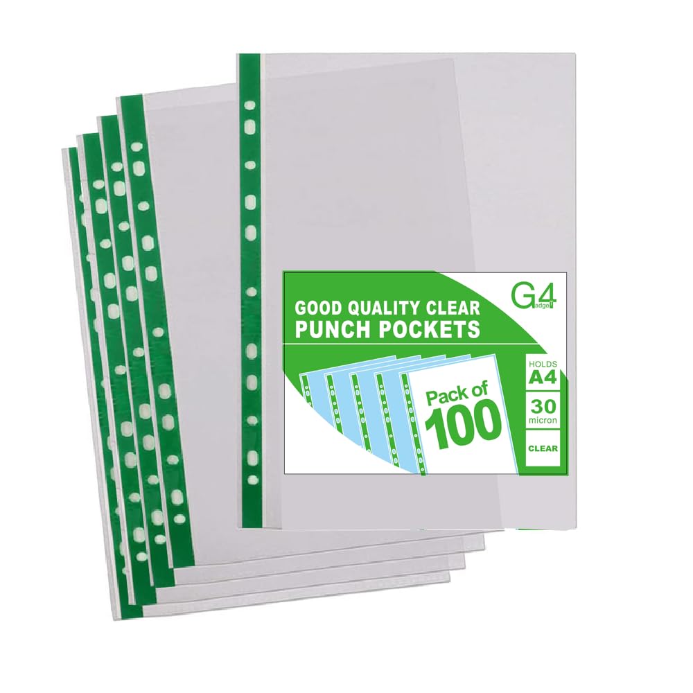 G4GADGET A4 Plastic Punched Pockets Value Pack - 100 Count, 30 Micron, 10-15 Sheet Capacity 1