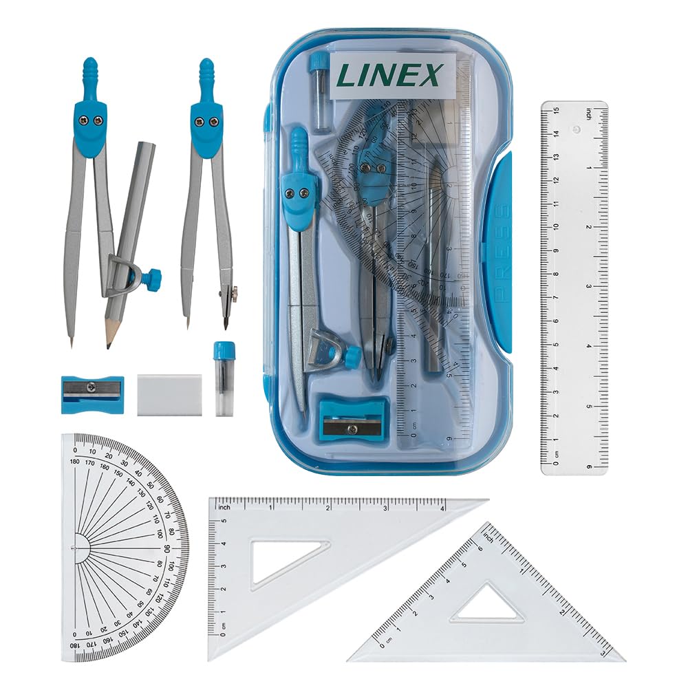 Linex 10-Piece Maths Geometry Set - Complete Exam Kit with Transparent Case, Blue
