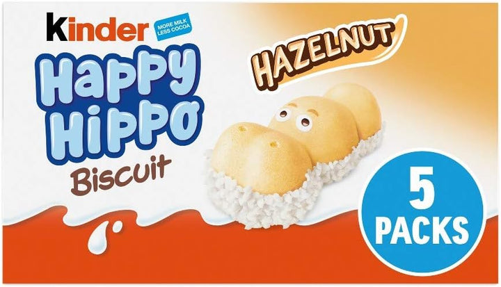 Kinder Happy Hippo Hazelnut Biscuit Wafer with Milk and Hazelnut Filling, 10 Packs of 5 Biscuits (50 Total)