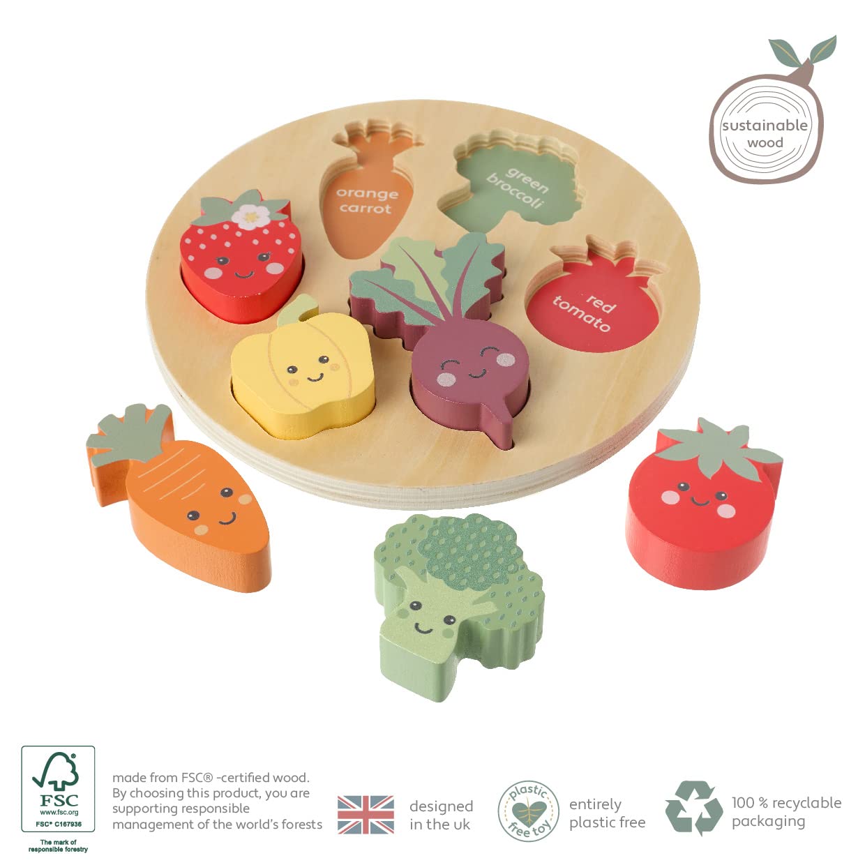 Happy Veggies Wooden Puzzle Board - Educational Shape Sorting Toy for Toddlers 18M+ 2