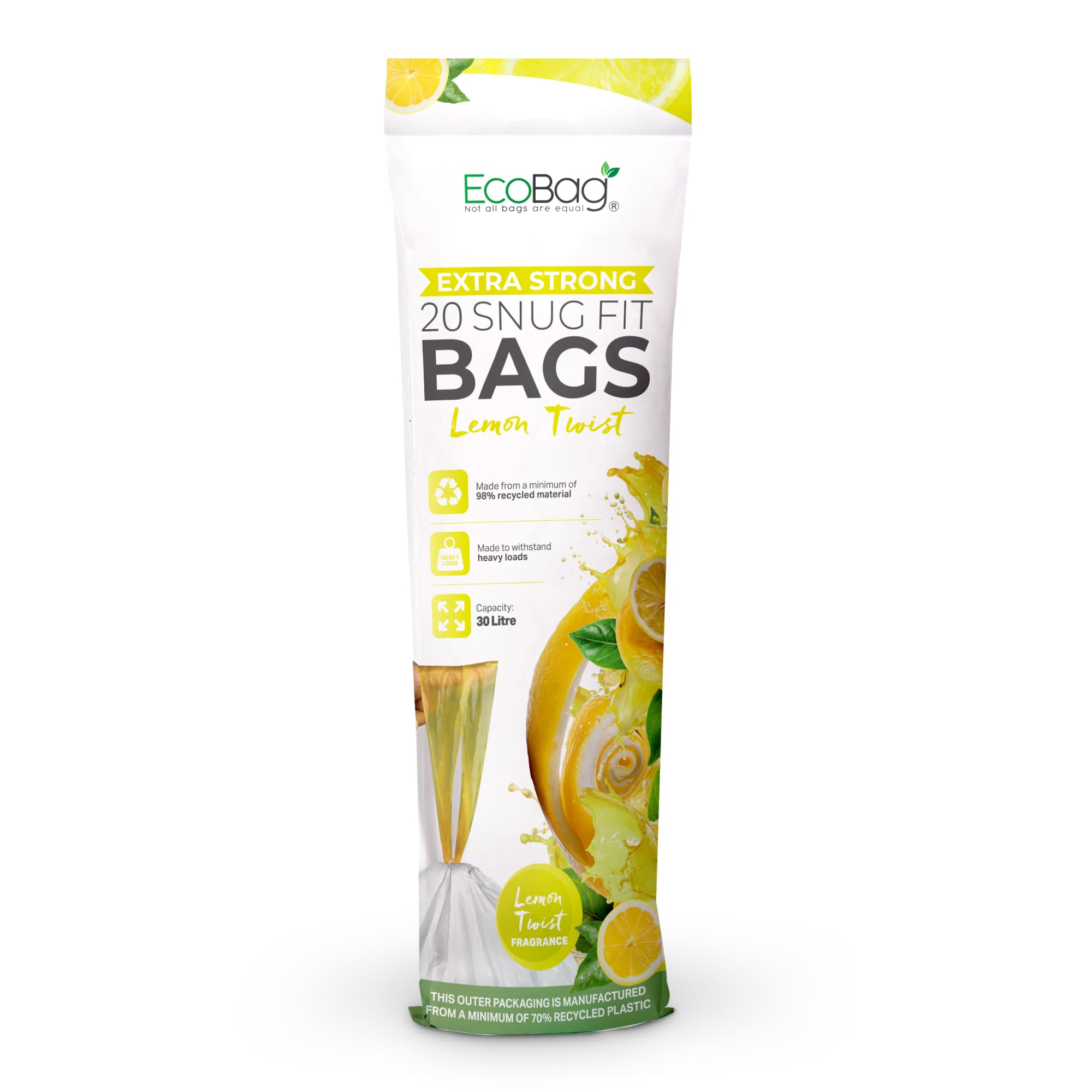 EcoBag 30L Drawstring Bin Liners - 20 Pack Lemon Scented, 25 Micron Thick 1