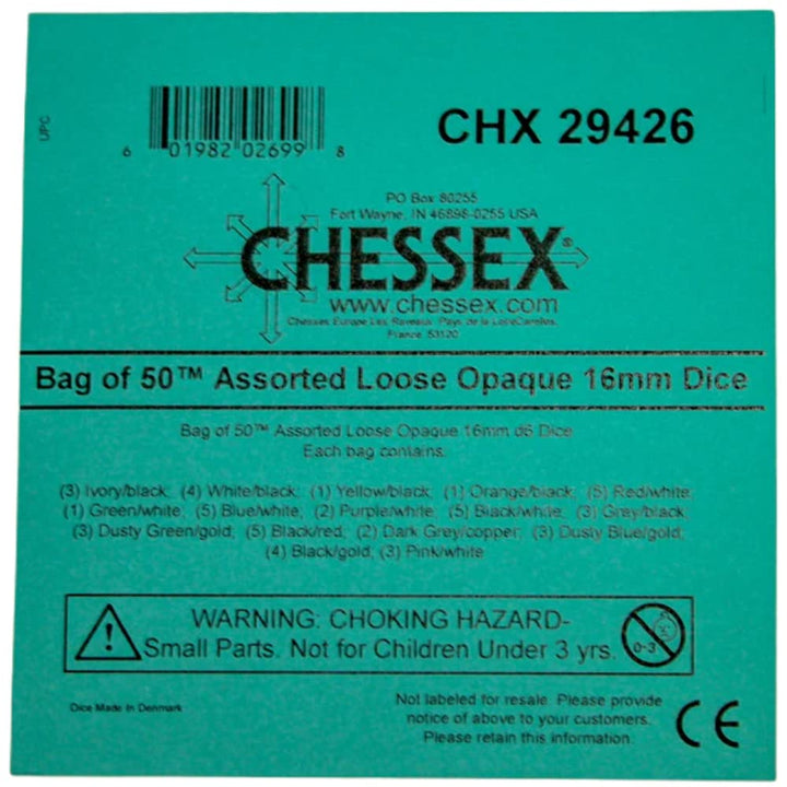 Chessex Opaque 16mm D6 Dice - Bag of 50 Assorted Colors