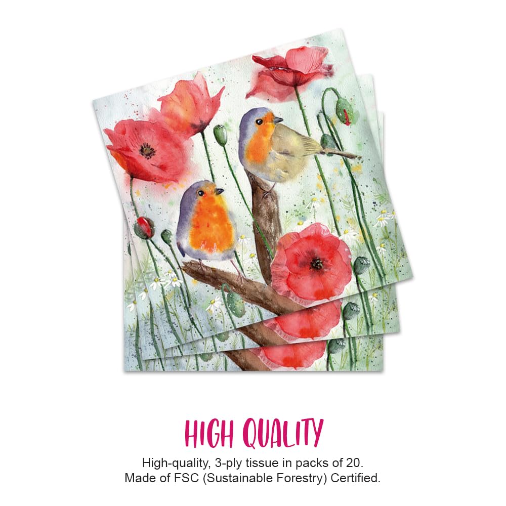 JET PAPIER GMBH Lunch Napkins - 3-Ply, Robin Birds Poppy Flowers Design | 33 x 33 cm | 20 Count 2