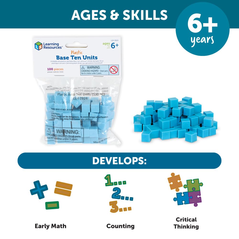 Learning Resources Grooved Plastic Base 10 Units - Set of 100, 1cm Cubes for Math Learning 8