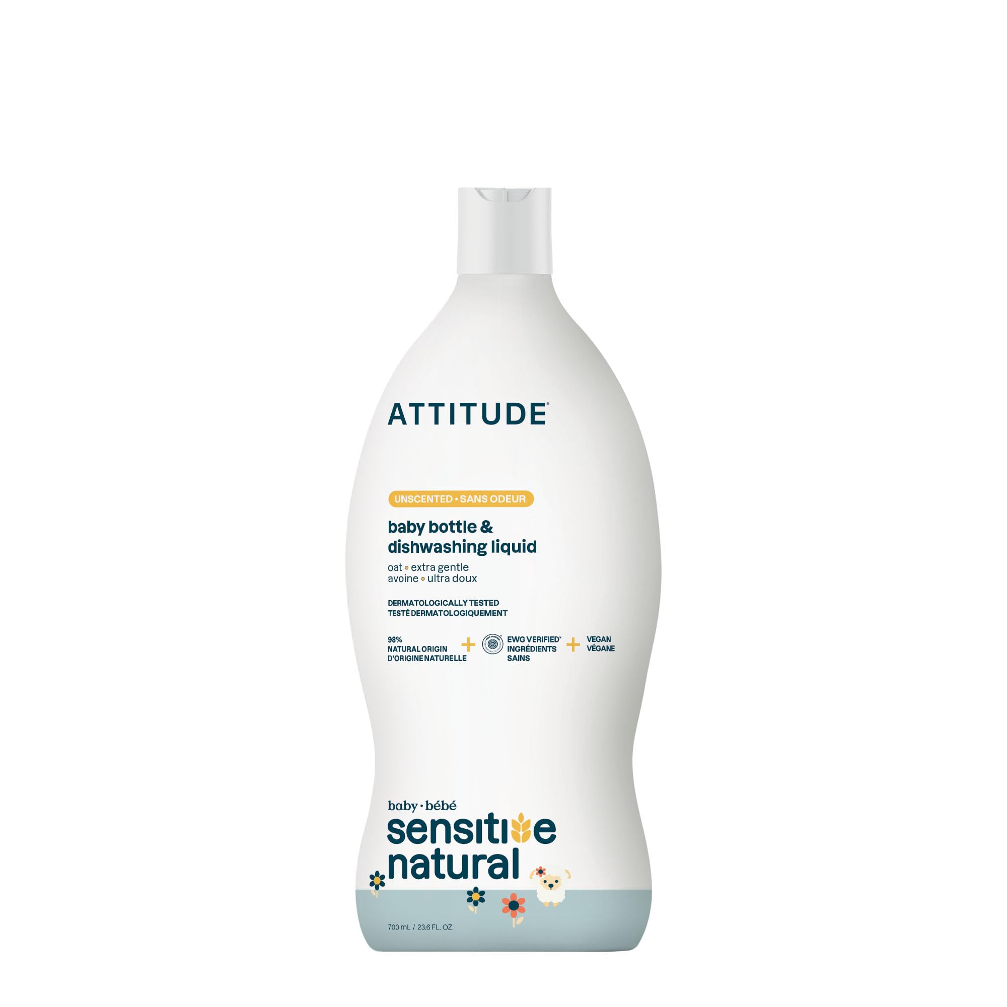 ATTITUDE Sensitive Skin Baby Natural Bottle and Dishwashing Liquid - EWG Verified, Unscented, Vegan Formula, 700 ml 1