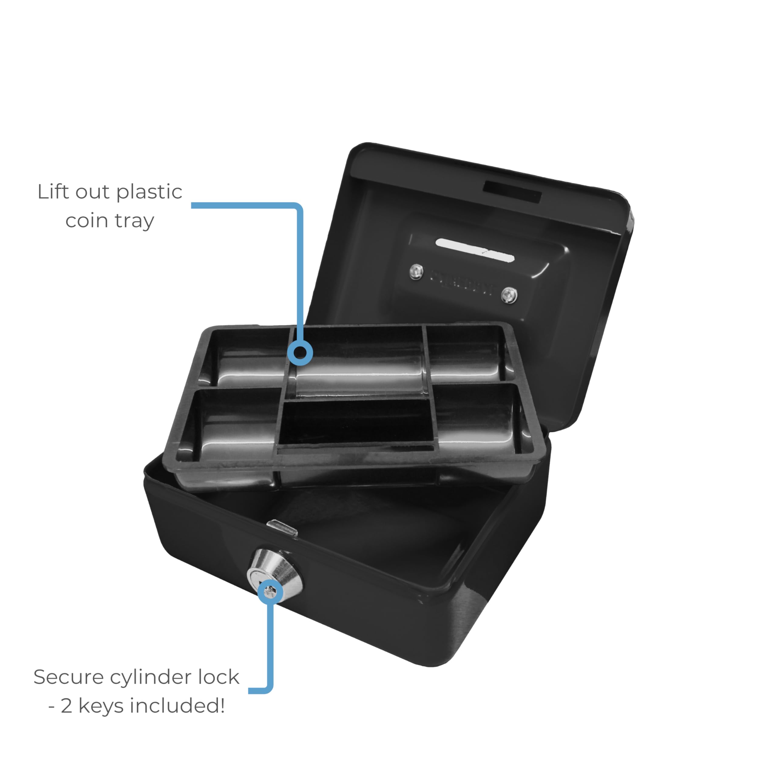 Cathedral Products Key Lockable Cash Box with 6 Compartment Coin Tray - Black | Powder Coated Steel 4