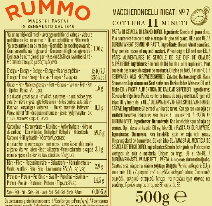 Rummo Maccheroncelli Rigati No. 7 – 500g Ridged Italian Pasta