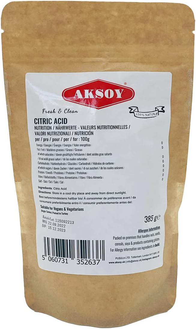 Aksoy - Citric Acid Food Grade 385g | Non-GMO, for Bath Bombs, Cleaning, Canning