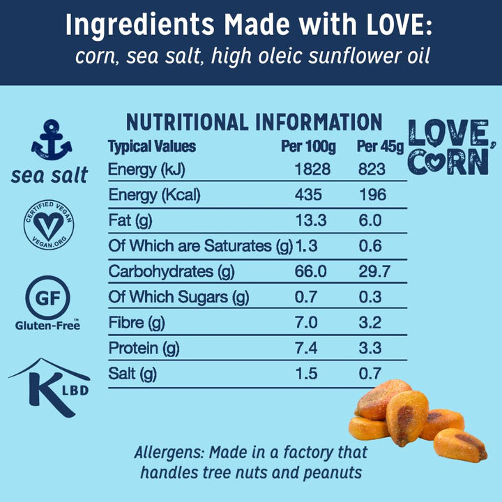 LOVE CORN Sea Salt Crunchy Corn Snack 45g x 10 Bags – Vegan Gluten Free Healthy Snack