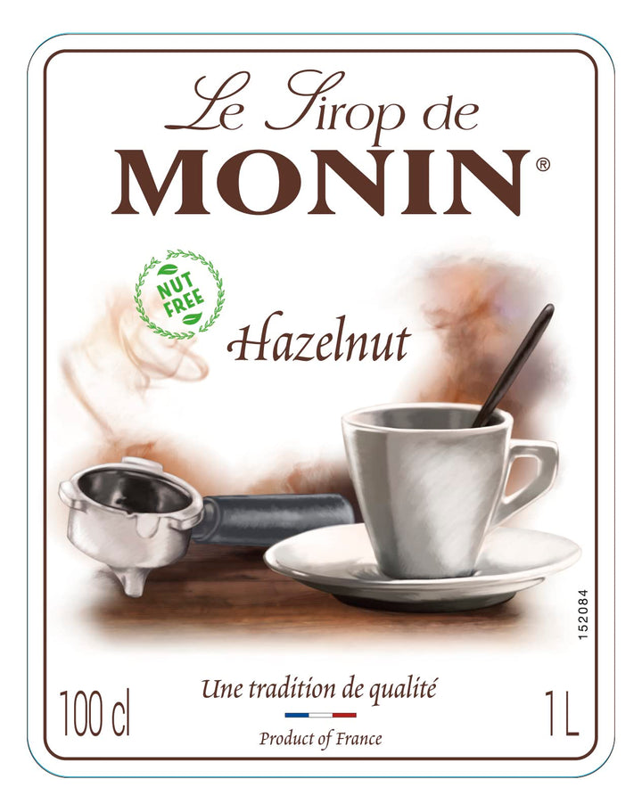 MONIN Premium Hazelnut Nut Free Syrup 1L - Vegan, Halal, Kosher - for Coffee, Cocktails, Frappes