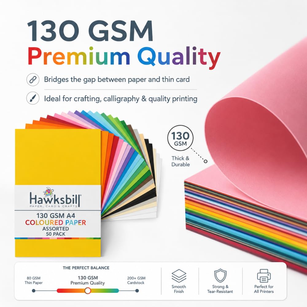 Hawksbill A4 Coloured Paper - 130GSM Premium Quality | 50 Assorted Rainbow Sheets | Ideal for Arts & Crafts 2