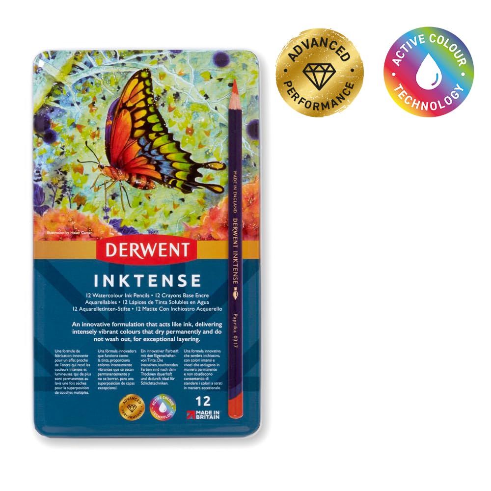 Derwent Inktense Permanent Watercolour Pencils, Set of 12 in a Tin, 4mm Premium Core, Water-Soluble, Ideal for Colouring, Painting and Crafting, Professional Quality (0700928) 5