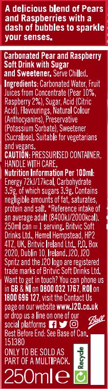 J2O Fruit Juice Spritz Blend - Pear and Raspberry, Lightly Fizzed | Low Calorie | Vegan | Pack of 4 x 250ml Cans 5