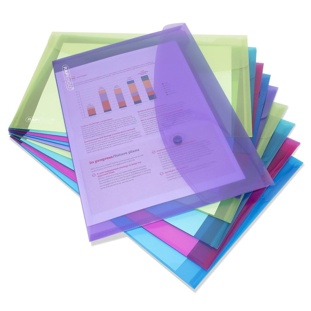 RAPESCO Popper Wallets 1665 - A4+ Capacity, 150 Sheets, Assorted Transparent Colours | Pack of 10