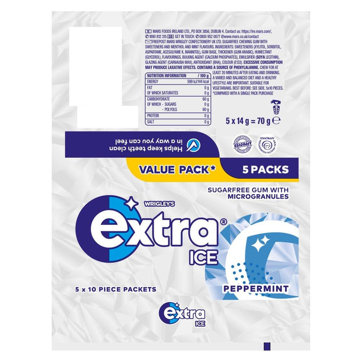 Extra Ice Peppermint Sugar Free Chewing Gum, 5 x 10 Pieces