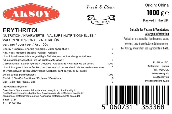 Aksoy Pure Erythritol 100% Natural 1kg (2.2 lb) Zero Calorie Sweetener