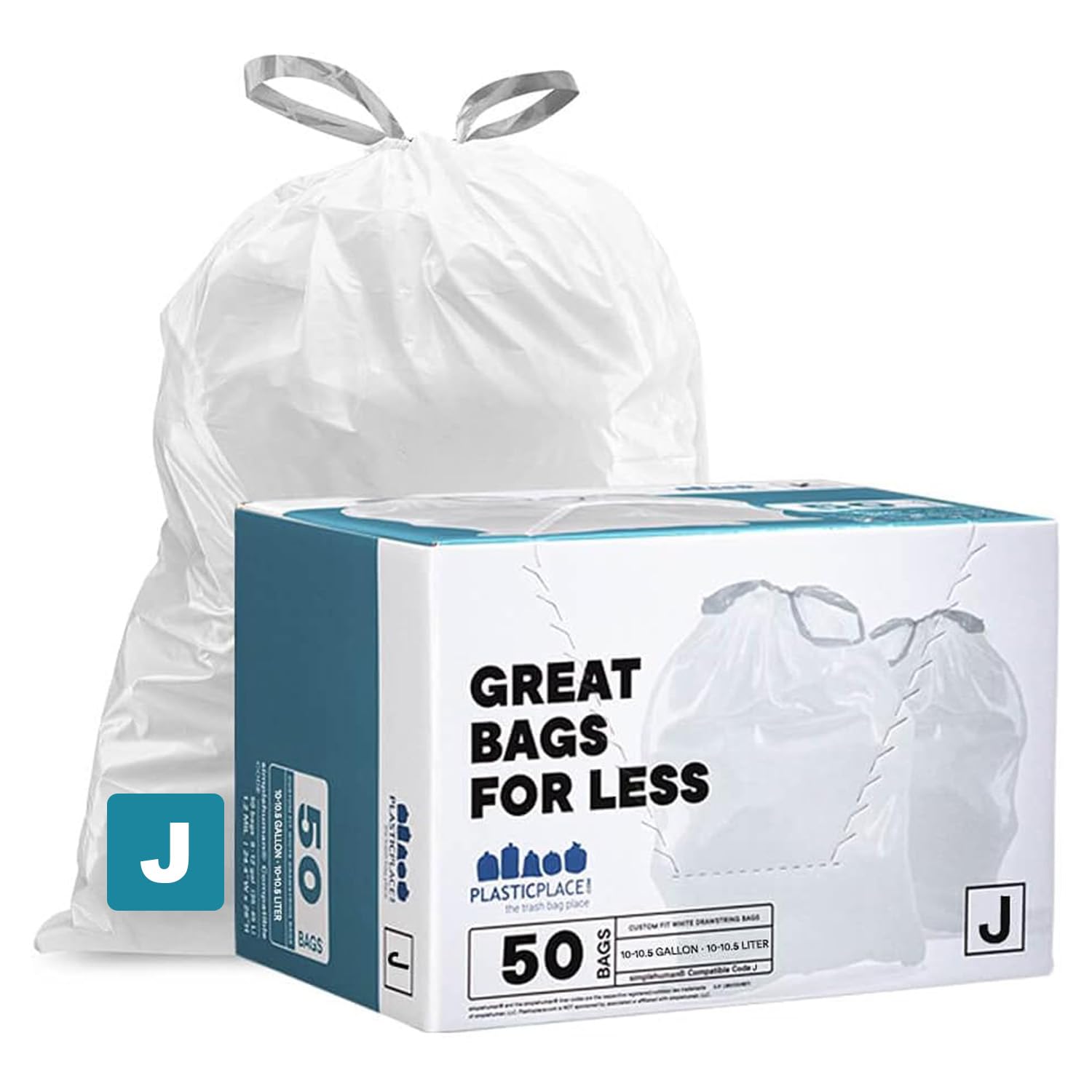Plasticplace Custom Fit Bin Liners - Compatible with simplehuman Code J, 10-10.5 Gallon, 50 Count, White 1