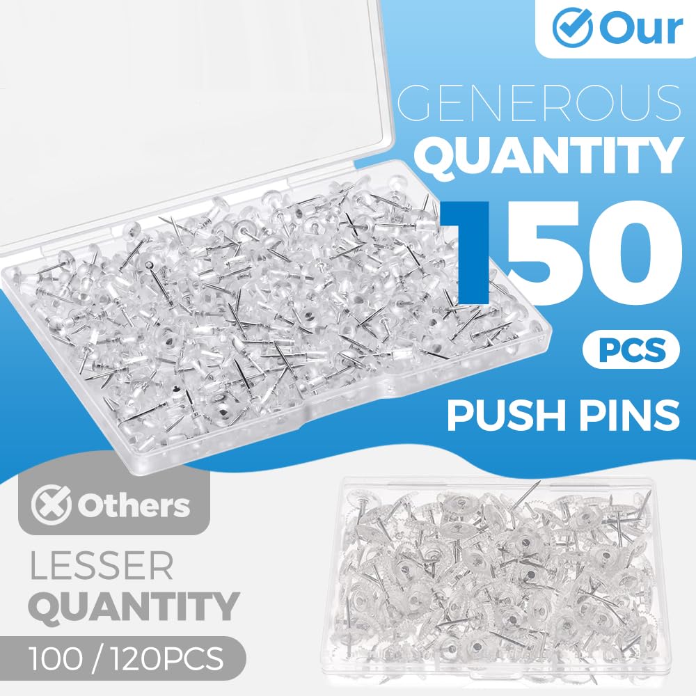 Woobroo Clear Push Pins - 150 Pcs Drawing Pins with Storage Box | Stainless Steel Needles